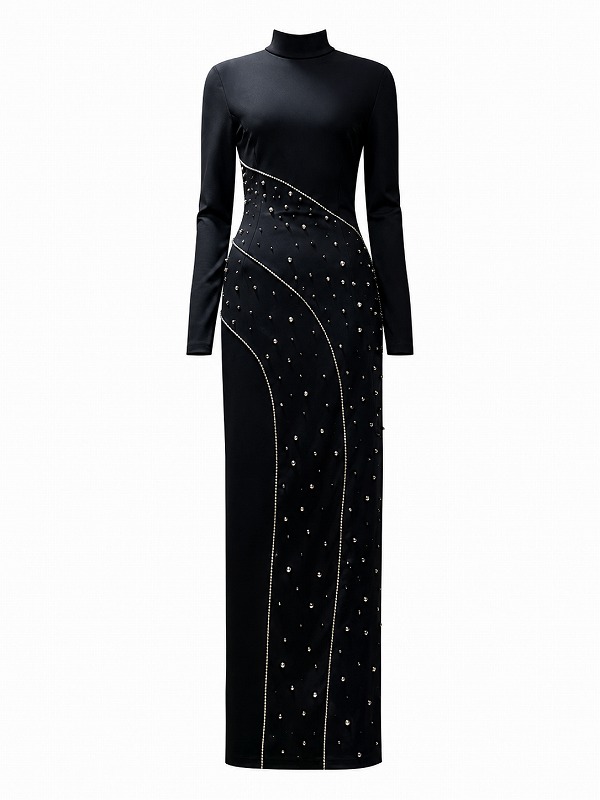 【新品DRESS 4831】アシンメトリーラインストーン×カラフルドロップビジューストレッチタイトロングドレス ブラック